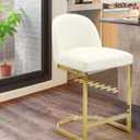 Iconic Home Xander Counter Stool Chair PU Leather Upholstered Armless Design Half-Moon Gold Plated Solid Metal U-Shaped Base Modern Contemporary, Cream