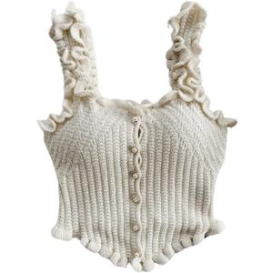 GORGLITTER Women's Pearl Knit Crop Tops Beaded Asymmetrical Button Down Sleeveless Sweater Vest (Medium, Apricot)