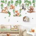 wondever Woodland Animal on Swings Wall Stickers Baby Bear Deer Fox Leaves Peel and Stick Wall Art Decals for Children Nursery Kids Bedroom Living Room