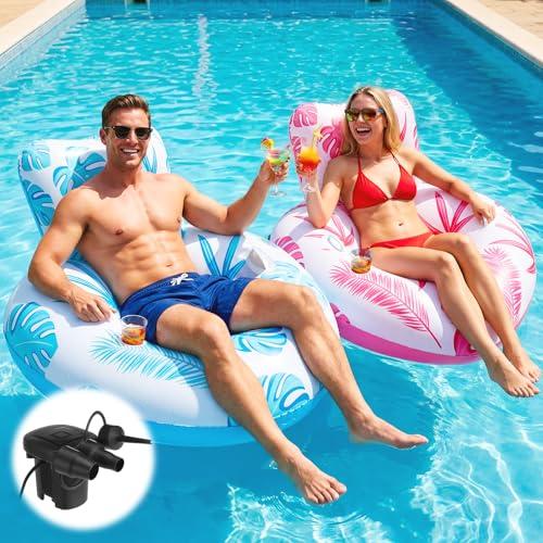 Inflatable Pool Float Adult with Built-in 50W Air Pump, Heart Shape Pool Float Chair with Cup Holders, Heavy Duty Floating Lounge Chairs for Pool, Beach, Lake & Summer Water Party Relaxation(Blue)