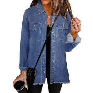 Women's Oversized Jean Jacket Casual Long Sleeve Denim Shirts Distressed Frayed Hem Denim Jackets Fall Outfits 2025 (Large)