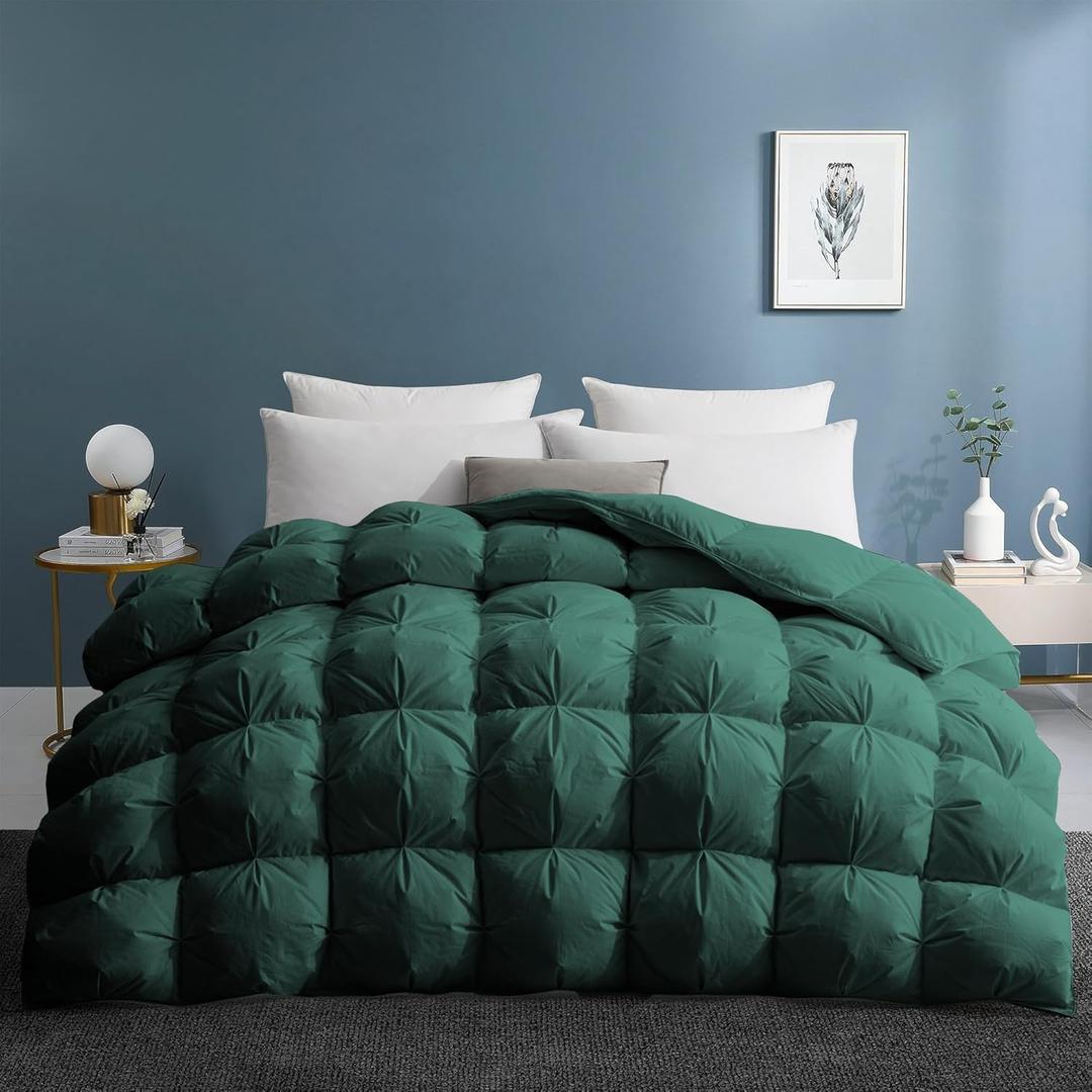 UNIKOME Pinch Pleat Goose Feather Down Comforter - 20% Extra Fill, 108oz, All Season Duvet Insert with 100% Cotton Cover, Cloud-Like Fluffiness (King, Green,106"X90")