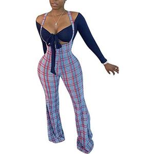 Ophestin Womens Sexy Off Shoulder Tie Crop Top Plaid Print Bell Pants Suspenders Set 2 Piece Outfits Jumpsuits Overalls, XL