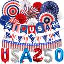 33pcs 4th of July Patriotic Decorations America 250 Decorations Set, Red White and Blue Paper Fans Decor with Banner, Pom Poms, Hanging Swirls and Balloons for Independence Day Memorial Day