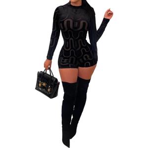 Uni Clau Women Sexy See Through Long Sleeve Short Jumpsuits Sheer Mesh Patchwork Skinny Pants Club Rompers (Black, M)