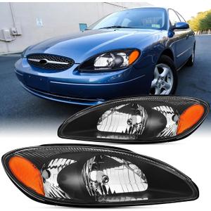 2PCS Headlights Assembly Set For 2000 2001 2002 2003 2004 2005 2007 2007 Ford Taurus SE SEL LX SES Sedan Wagon Replacement Headlamps Black Housing Amber Reflector FO2503169 FO2502169