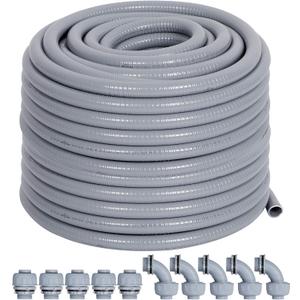 1/2" Liquid-Tight PVC Conduit Kit, 100ft with 10 Connectors, Grey, 5 Straight & 5 90-Degree Fittings, UL Certified, Flexible, Easy Installation, Multi-Application