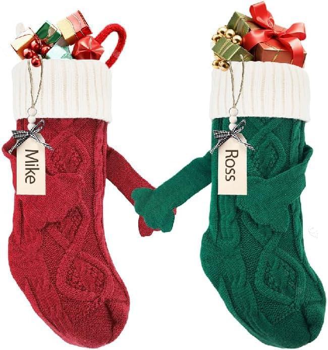 2 Pack Christmas Stockings with Name Tags, 18Inches Large Cable Knitted Personalized Xmas Stocking for 2024 Xmas Kids Gift, Family Fireplace Holiday Party Decoration, Splicing Color (2 Pack) (Red, Greenholding Hands Style))