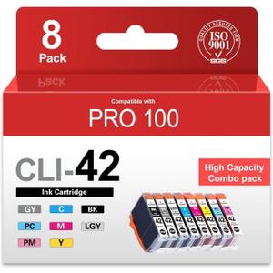CLI-42 CLI42 Ink Cartridges 8-Pack Compatible PRO 100 Ink Replacement for Canon Ink 42 CLI 42 Ink Cartridge with PRO-100 PRO-100S Printer (BK/C/M/Y/PM/PC/GY/LGY)