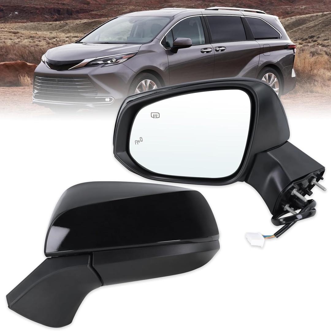 Left Driver Side Mirror Compatible With 2021 2022 2023 2024 2025 Toyota Sienna With Manual Folding Power Glass Heated Bilnd Spot Black Replace#8794008190(6Pins)
