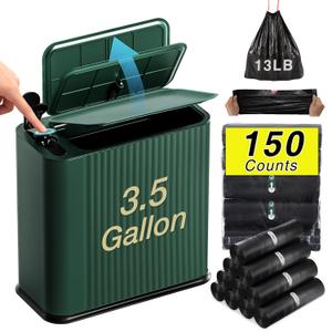 Bathroom Trash Can with Lid 13 Liter/ 3.5 Gallon Green Small Trash Can with Pop-Up Lid Bedroom Trash Can Small Garbage Can with 150 Counts Trash Bags for Small Bathroom Bedroom Office