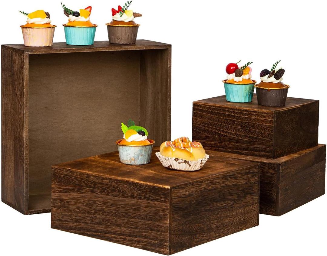 VDEHOM Vintage Brown Square Wooden Cake Stands For Display,Set Of 4 Wood Cupcake Stands Risers, 12 Inches Rustic Wood Crates For Wedding Cake Display, (Vintage Brown)
