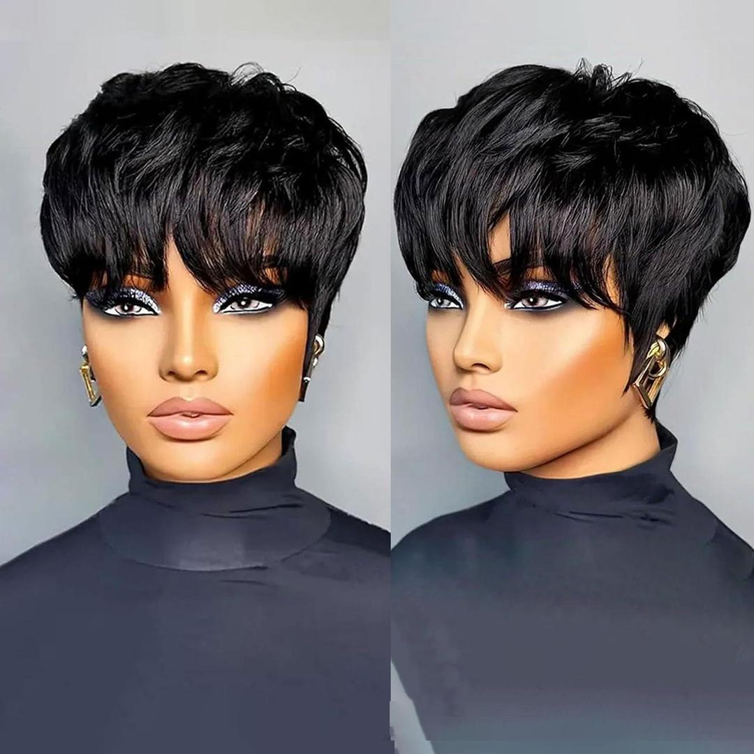 VRZ Short Layered Pixie Cut Wig Human Hair Wear and Go Glueless Pixie Cut Wigs for Black Women Full Machine Made None Lace Front Wigs Black Layered Wavy Wigs for Women (S55#PE Color)