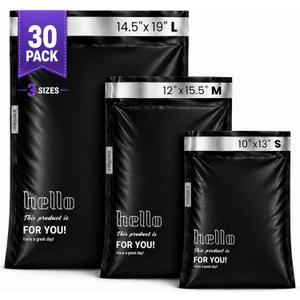 Poly Mailers 30 Pack Multi Size Shipping Envelopes 10x13 12x15.5 14.5x19 in Professional Waterproof Tear Proof Self Seal Opaque for Office & Small Business E-Commerce Shipping Black