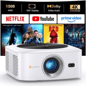 Smart 4K Decoding Projector Compatible with Netflix, 1500 ANSI Projector with WiFi and Bluetooth, Outdoor Movie Projector, Auto Focus, Dolby Sound, Built-in Apps,Portable Home Theater for Phone/PC/PS5 (White)