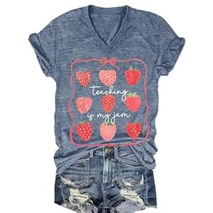 Teaching is My Jam Shirts for Women Teacher V Neck T-Shirt Loose Casual Strawberry Tops Fruit Graphic Tees Clothes (Blue4, XL)
