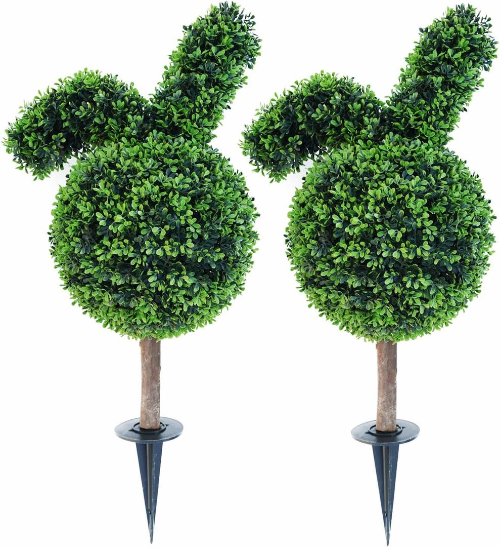 31.5'' Artificial Bunny-Shaped Topiary Tree with Boxwood Ball Tree Decoration, Faux Rabbit Potted Plant for Indoor and Outdoor Easter Holiday Garden Porch Decor (32inch)