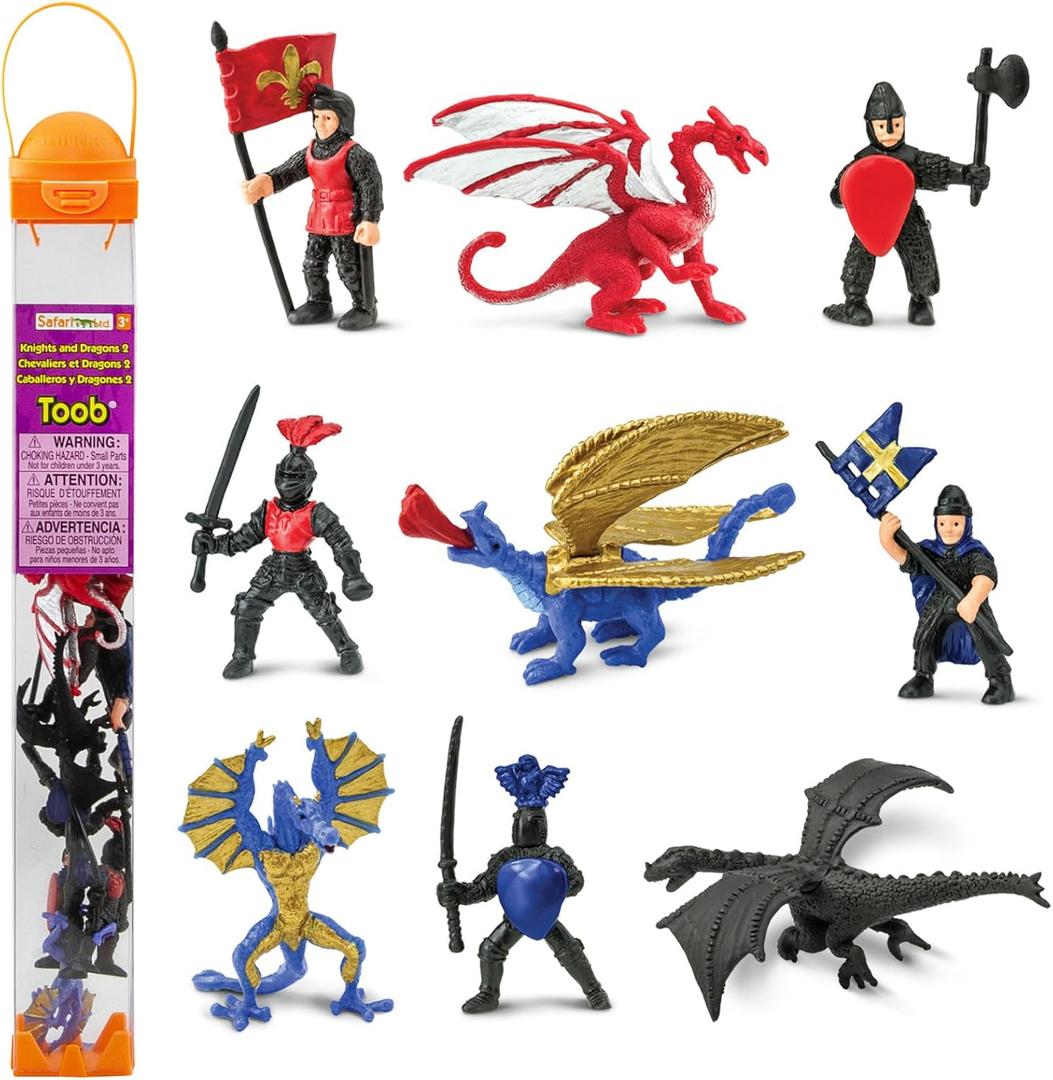 Safari Ltd Knights & Dragons TOOB - 9 Mini Figurines with Knights, Drake, Tiamat, Wyvern, and Peluda Dragon - Toy Figures for Boys, Girls & Kids Ages 3+