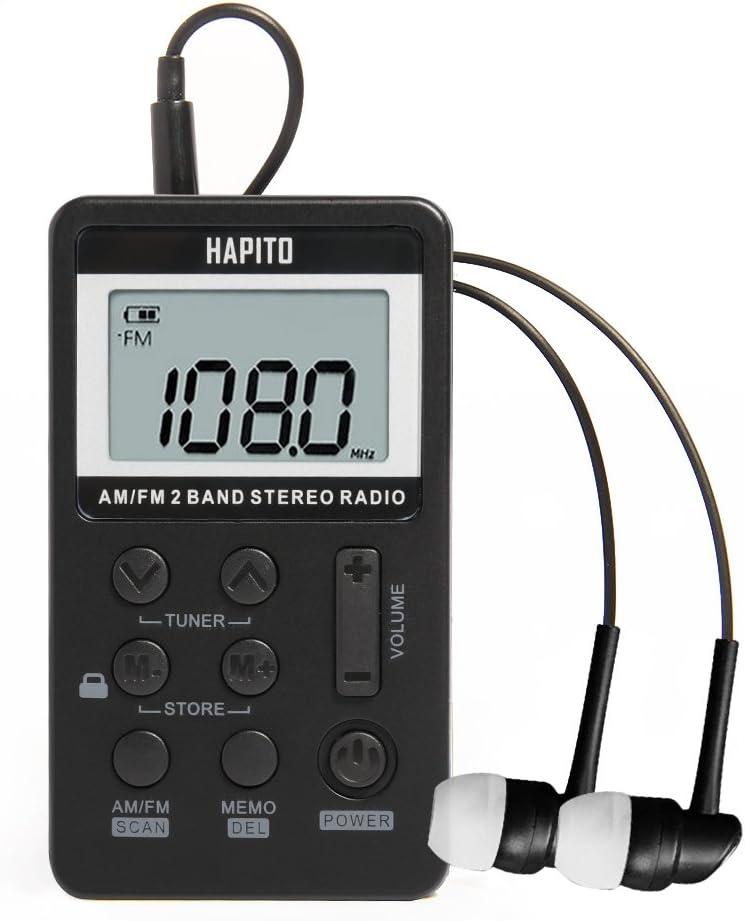Pocket AM FM Radio Portable Digital Tuning Radio with Best Reception - Hapito Personal Small Transistor radios with Sterio Earphone, Rechargeable Battery and Lock Screen for Walk/Gym (Black)