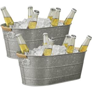 Ice Bucket Galvanized Tub, 2 Pcs 3 Gallon Oval Beverage Tub, Drink Buckets for Parties, Metal Bucket with Rattan Handle for Beer Whiskey and Cocktails (Galvanized) (S: 15.86 x 9.2 x 6 inch)