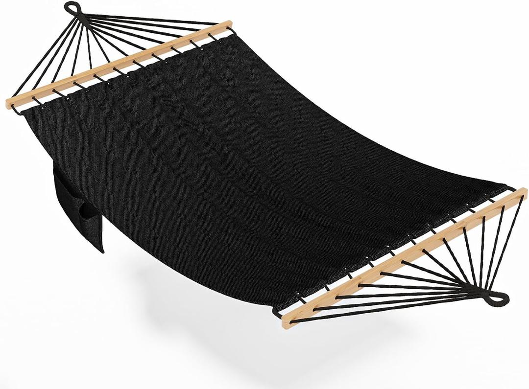 Hammock for Outside, Double Hammocks Without Stand, 2 Person, Spreader Wooden Bar, Side Storage, for Outdoor, Indoor, Patio (Black)
