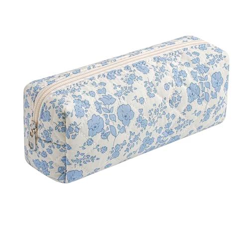 HHQQWZ Cute Floral Cotton Makeup Brush Cosmetic Bag for Women, Travel Quilted Zipper Make Up Bag, Flowers Toiletry Organizer Case Kawaii Makeup Cosmetic Travel Cloth Pouch (Blue Floral)