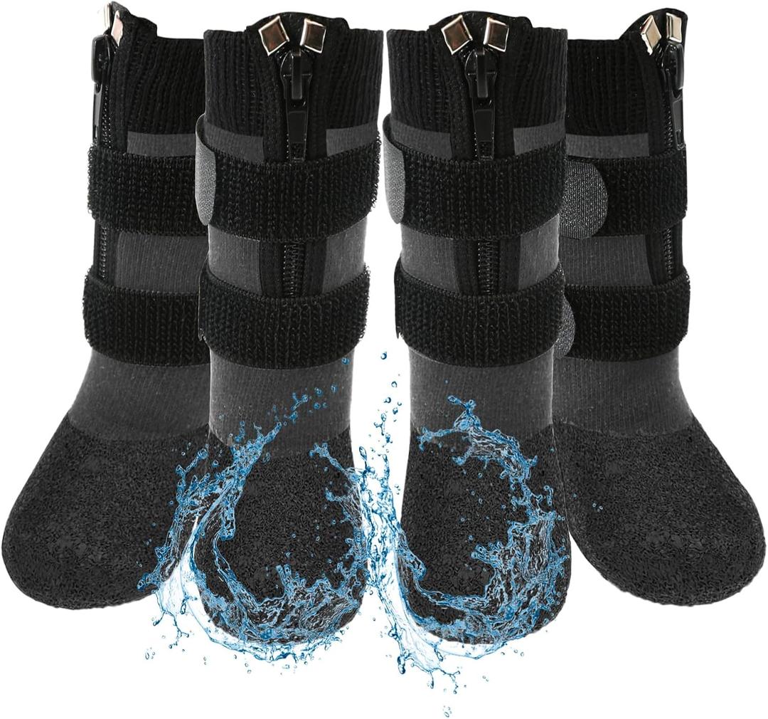 Waterproof Grip Dog Shoes,Anti-Slip Dog Socks Boots,Zipper Dogs Booties Paw Protectors for Hardwood Floor,Indoor and Outdoor for Small Medium Large Dogs Grey (Size 4)