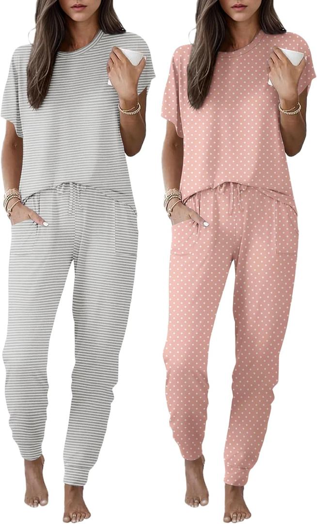 Ekouaer 2 pack Pajama Sets for Womens Jogger Pants Pjs Short Sleeves Lounge Set Soft Sleepwear with Pockets  (M)