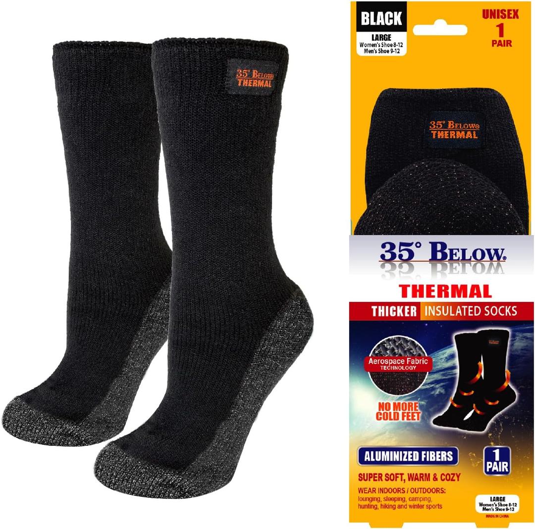 35 BELOW Thermal Insulated 1 or 3 Pk Socks for Men and Women, Designed with Soft Aluminized Loops to Keep Feet Warm and Cozy (Large, 1 Pair (Black))