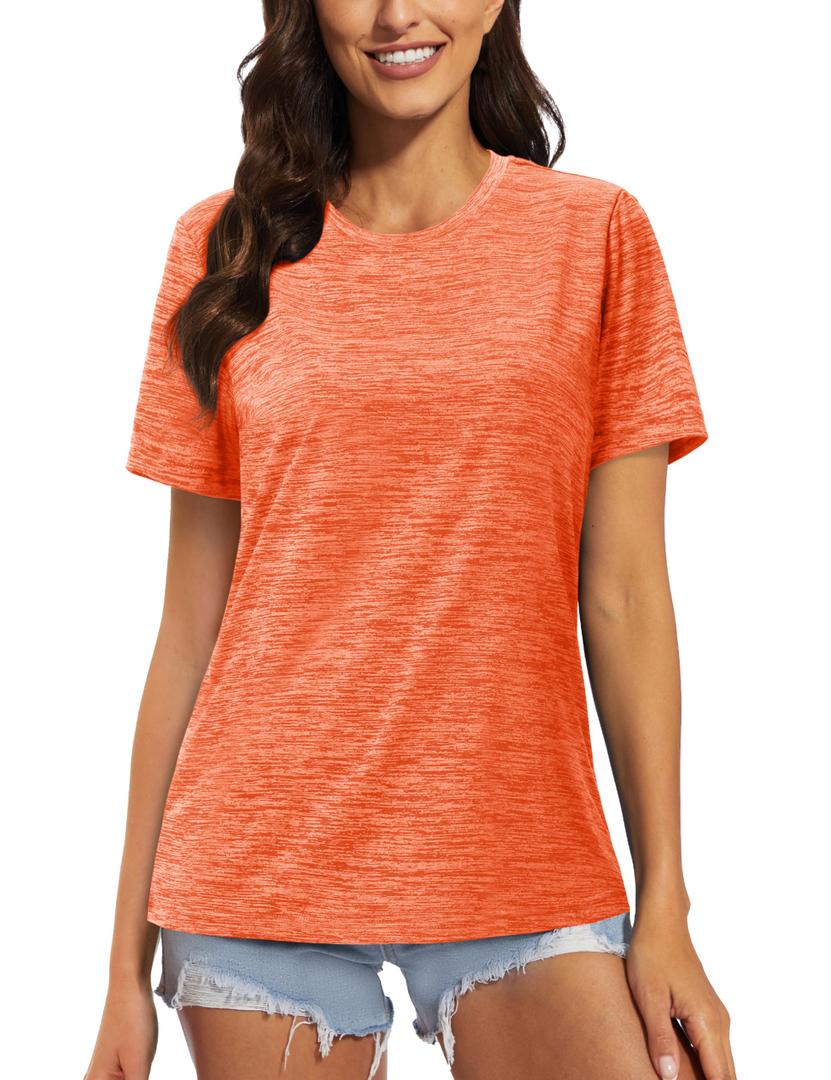 2 x MAGCOMSEN Womens Lightweight Running Shirts Crew Neck Gym T-Shirt Summer Hiking Sports Shirt Active Tops Orange, S (Orange, S)
