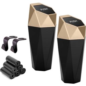 Ginsco Car Trash Can Cup Holder, 2 Pack Mini Car Trash Can with Lid, Car Accessories for Interior, Leakproof Small Trash Cup for Car, Home with Additional 2 ABS Hooks and 90pcs Trash Bags Golden (600ml x 2)