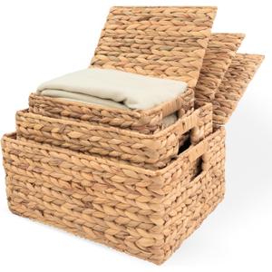 Wicker Storage Baskets with Lid, Basket With Lid Decorative Storage Rectangle 14"D X 11"W X 7"H Wicker Storage Basket With Lid Large Rattan Storage Box Hyacinth Baskets