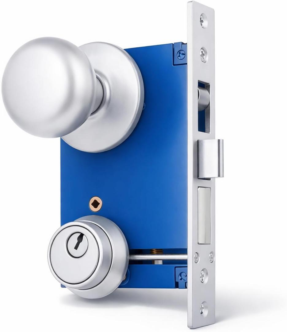 Tandefio 1 Set Double Cylinder Mortise Lock Iron Gate Ornamental Latch Set with 2-1/2" Backset 1" X 7-1/8" Faceplate Polish Brass(Left Hand Reverse,Silver)