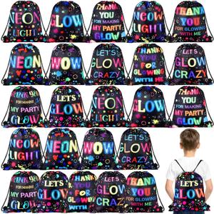 Sweetude 24 Pcs Let's Glow Party Neon Goodie Bags Gifts Drawstring Bags Decoration Favor Storage for Girls Kids Birthday Wedding Party Decoration