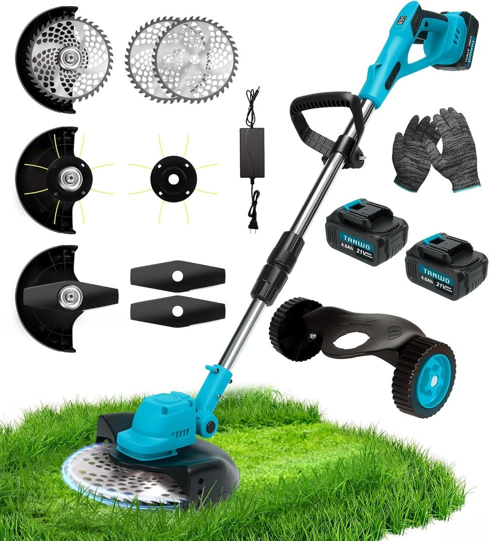2025 Weed Wacker Cordless,1200W Brushless Electric Weed Eater with Removable Wheels Brush Cutter, 3 Blade Types Cordless Weed Eater, 2X 4.0Ah Batteries & Battery Indicator for Lawn & Garden