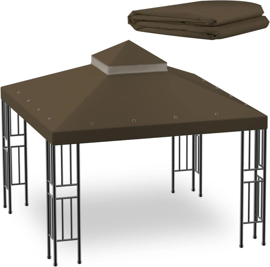 Sumfaller 10x10 FT Gazebo Replacement Canopy Top Cover Double Tiered Canopy Top Cover for Outdoor BBQ Roof Cover Grill Shelter (Dark Brown)