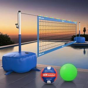 Haokelball LED Pool Volleyball Net Set, Adjustable 1532FT Width & Height, Anti-Sag Winch System, 45L / 99lbs Heavy Duty Water Base, Includes 2 Water Balls (1 Glow), for Inground & Above Ground Pool