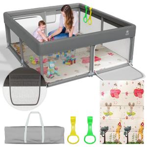 Baby Playpen with Mat  Durable Play Yard with Pull-Up Rings, Toy Storage Nets, and Non-Slip Suction Base  Large Baby Playpen for Toddlers, 71"x59"