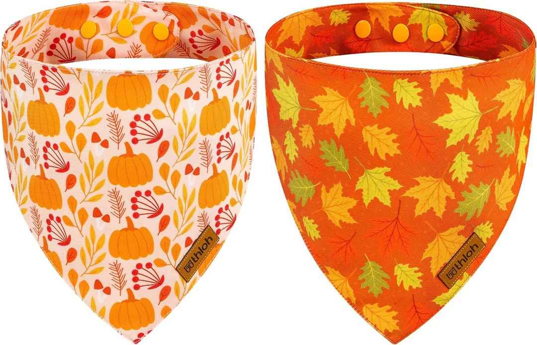 Fall Dog Bandanas - 2 Pack Thanksgiving Dog Bandana with Snap Button | Reversible Pumpkin Pet Scarf for Boy & Girl | Premium Durable Fabric | Holiday Bandana for Medium and Large Dogs (Large), Fall Color 