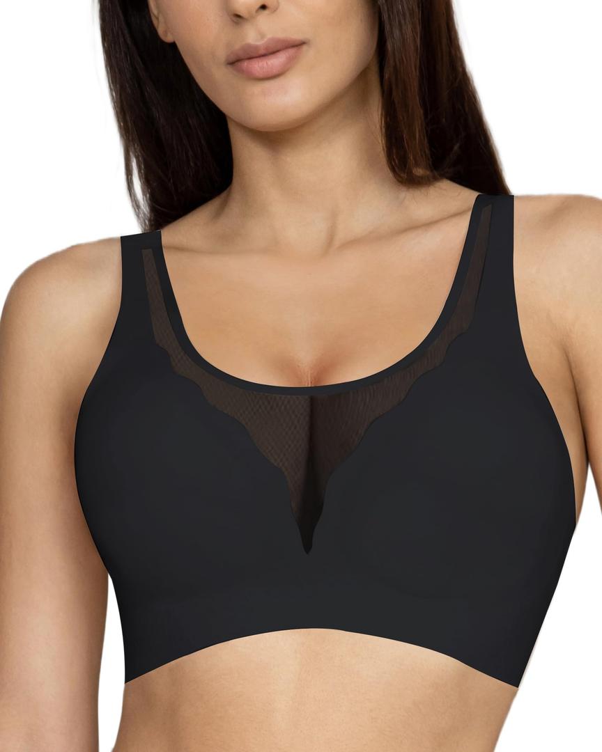 MOVINUN Wireless Bra Push Up Comfort Seamless Support No Underwire T-Shirt Bra Lift Padded Sexy Back Fat Smoothing V Neck Invisible Sleep Bralette Black Mesh Front, Medium