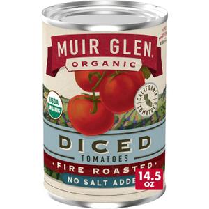 Muir Glen Organic Diced Fire Roasted Tomatoes, No Salt Added, 14.5 oz | Canned Tomatoes, No Salt Added, Smoky Fire-Roasted Flavor, USDA Organic, Non-GMO Project Verified, Gluten Free (EXP 02/21/28)