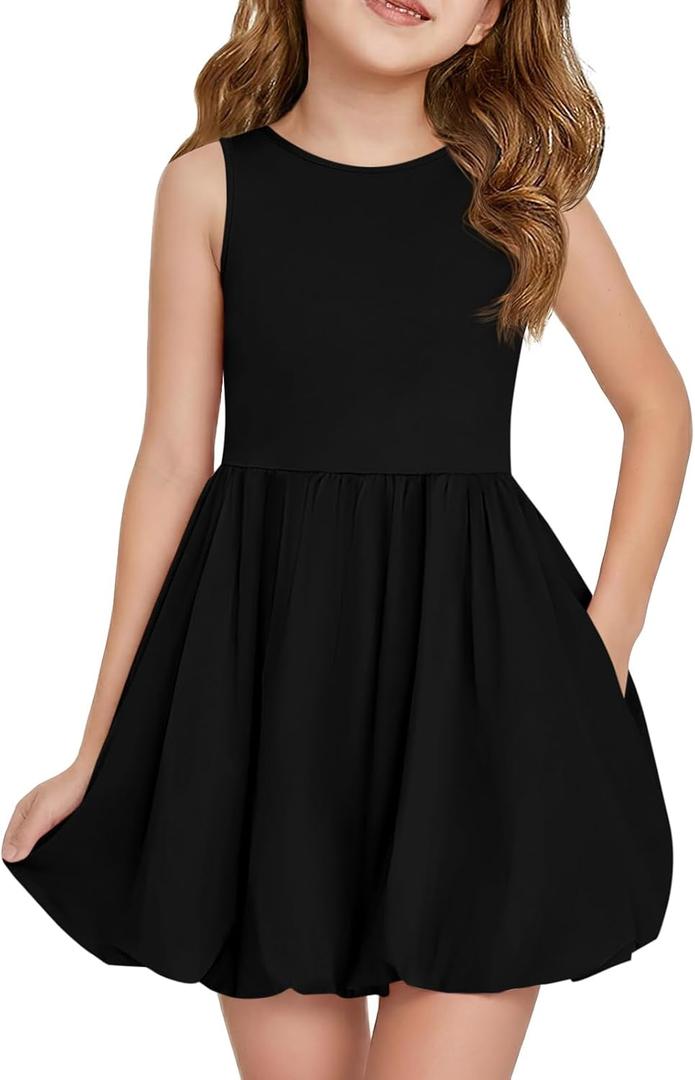 Haloumoning Girls Summer Sleeveless Bubble Dress Kids Cute Crew Neck Tank Mini Dresses with Pockets 7-8 Years