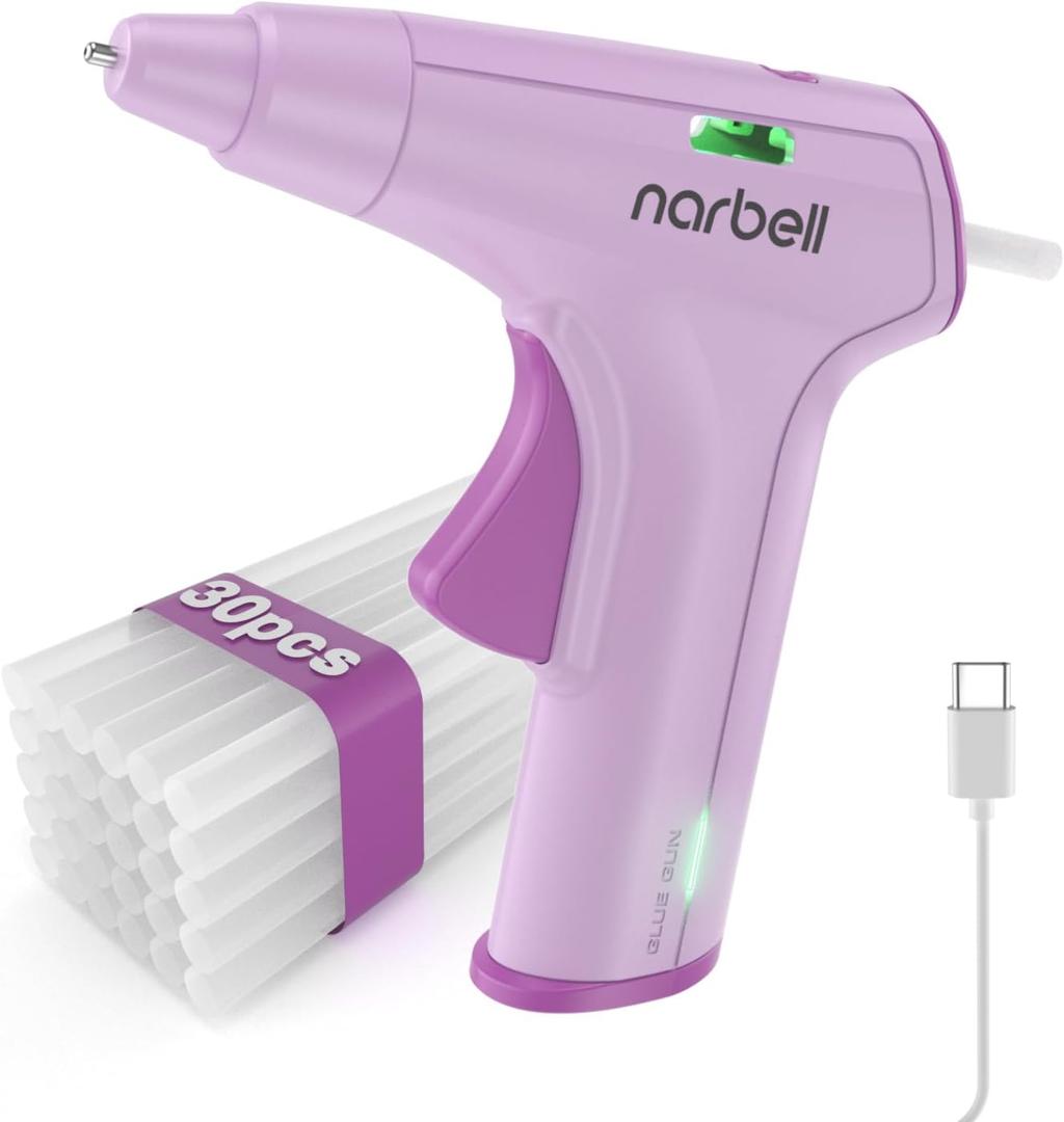 Narbell Cordless Hot Glue Gun Kit with 30 Pcs Sticks,Less Drip Nozzle,12s Preheating,2Ah Battery,Auto Shut-Off (Pink)