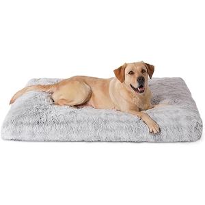 Bedfolks Plush Dog Crate Pad, Washable Faux Fur Kennel Bed for XXL Dogs, Waterproof, 47"x29", Grey