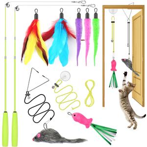 ChicWow Interactive Retractable Cat Wand & Hanging Toys for Cats  2 Wands, 2 Hanging, 7 Teaser Cat Toys for Indoor Adult Cats Kitten, Includes Feather, Mouse, Fish, Worm, 1 Spare Elastic Rope