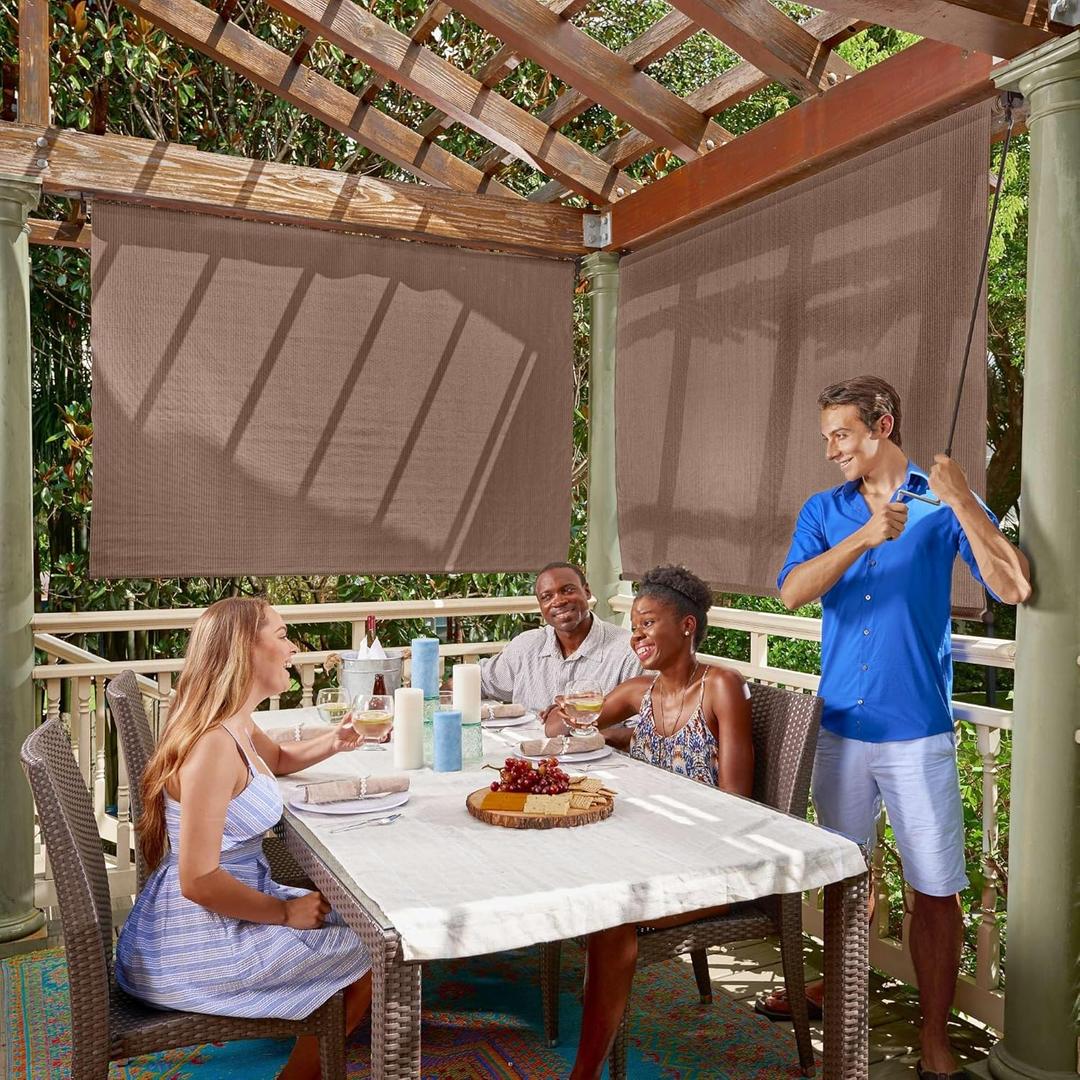 Coolaroo Outdoor Roller Shade with Wand - 95% UV Block Breathable Light Filtering Shade for Patio or Porch, Fade-Resistant, Mold-Resistant Easy-Clean Fabric, 10ft x 8ft, Walnut