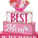 2 x Yousoontic 4 Pcs Mother's Day Wooden Table Decor, Best Mom in the World Tiered Blocks Sign Pink Floral Tabletop Home Decoration Gift for Mom, Rose Bouquet Shelf Centerpiece for Birthday Celebration