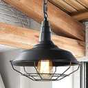 Industrial Pendant Lights 1 Pack Farmhouse Pendant Lights with Adjustable Chain, D10.2 Rustic Pendant Lighting Barn Black Metal Hanging Lights with Wire Cage for Kitchen Island Dining Room