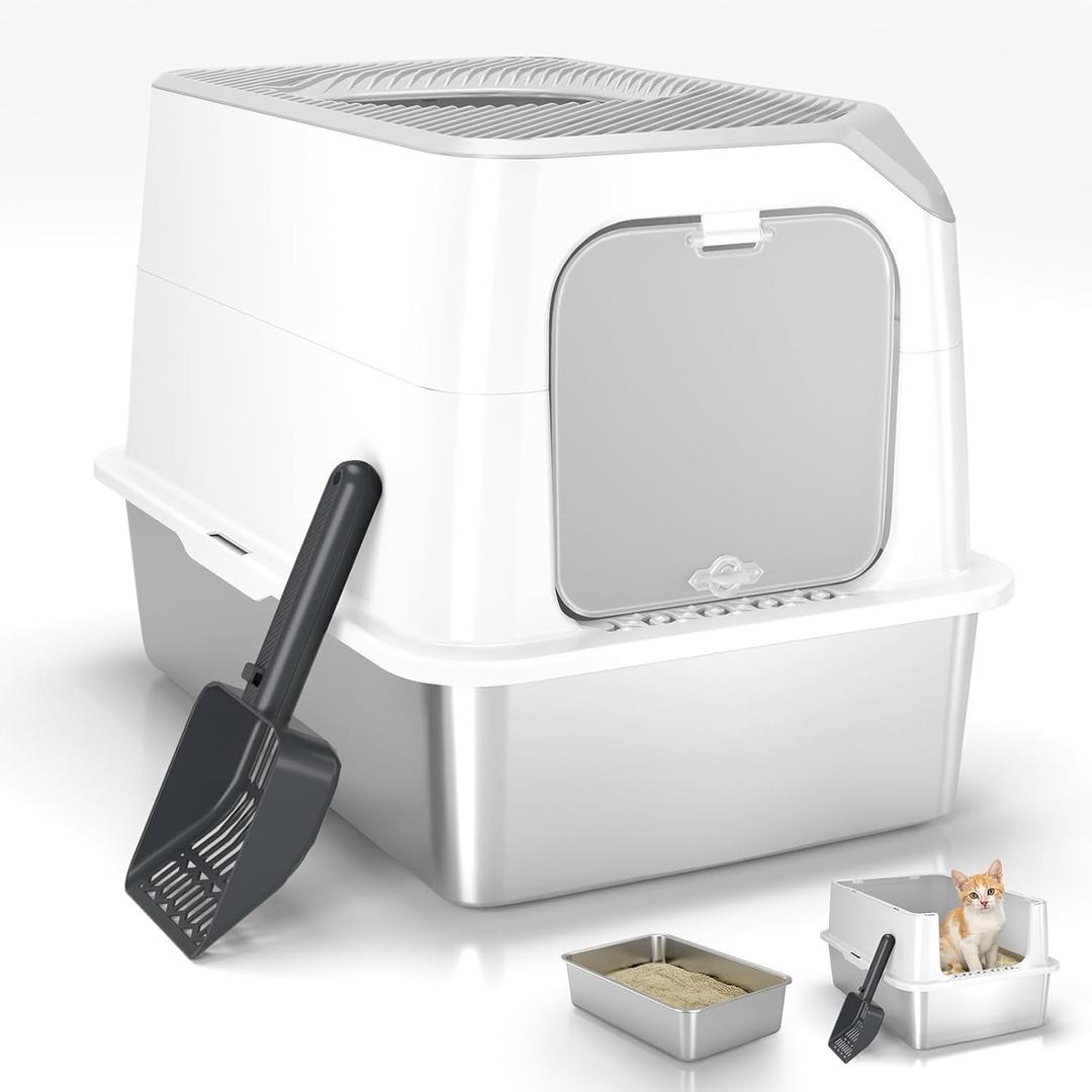 Enclosed Stainless Steel Litter Box, Large Metal Litter Box with Lid, Front & Top Entry, Odor Control & Dog Proof, Scratch-Resistant, Easy Clean (White) (For Medium/Large Cats (23.8 x16.1"), Large Dark Gray)