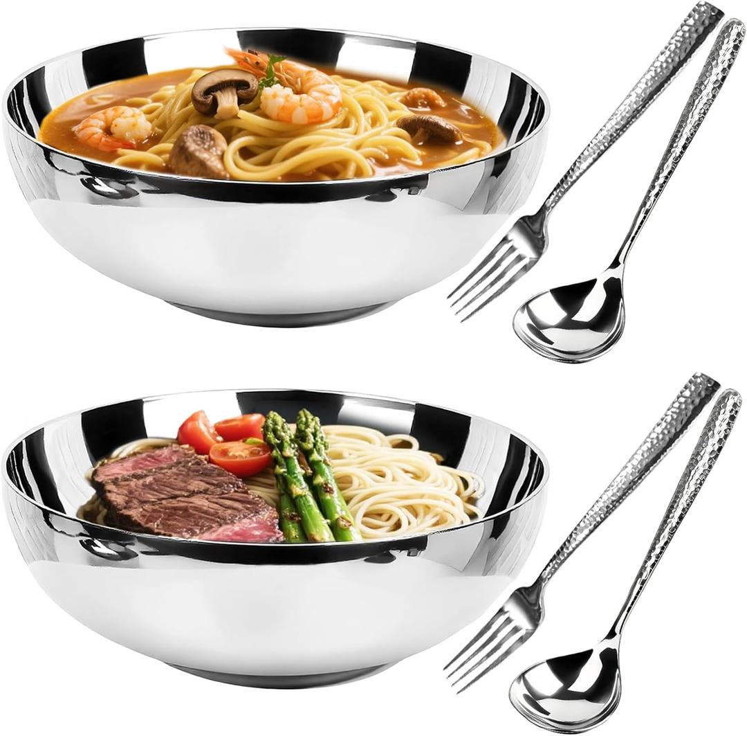 2 Pack 304 Stainless Steel Pasta Bowls, 47oz Double Walled Insulated Soup Salad Bowls Unbreakable, 8.7" Large Cereal/Ramen/Udon/Noodle/Pho Bowl Plates with 2 Spoons & Forks, Dishwasher Safe